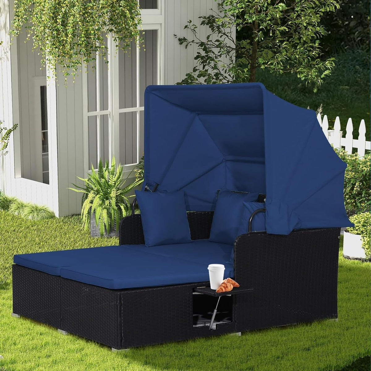 RELAX4LIFE Patio Daybed With Canopy, Cushions, 4 Pillows And 2 Side Trays, Turquoise - B0BYSN7GC7