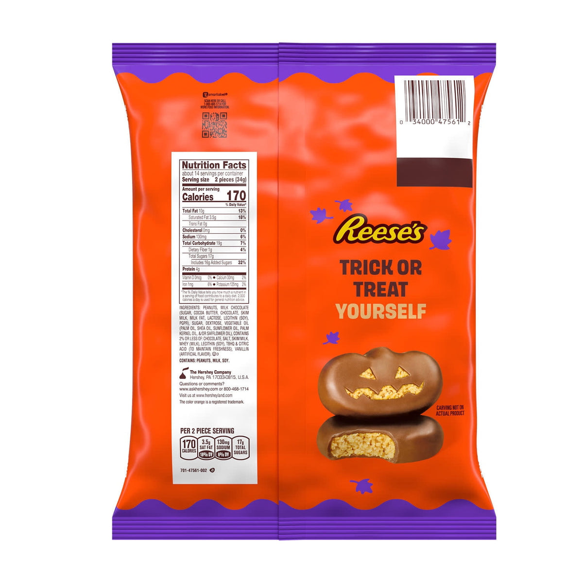 REESE'S Milk Chocolate Snack Size Peanut Butter Pumpkins, Halloween Candy Jumbo Bag