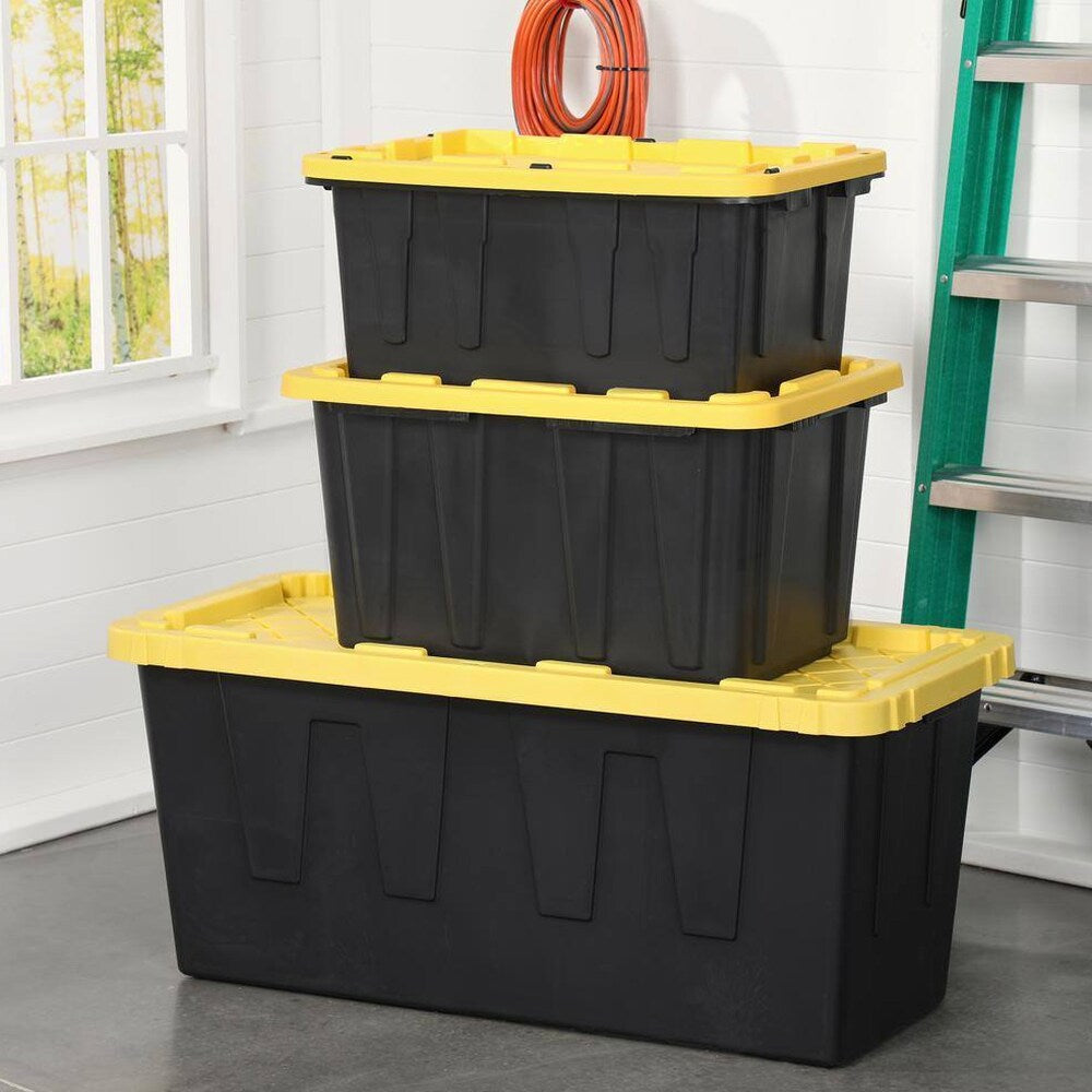 HDX 27-Gallon Black Stackable Waterproof Storage Tote With Yellow Lid - 5-Pack