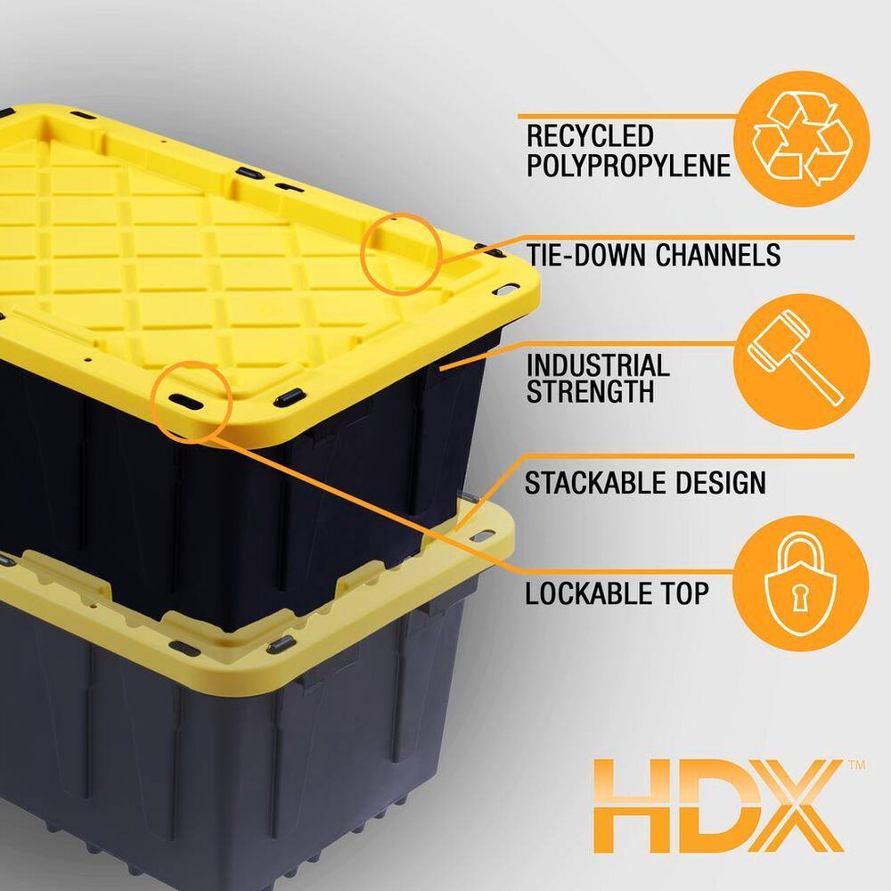 HDX 27-Gallon Black Stackable Waterproof Storage Tote With Yellow Lid - 5-Pack
