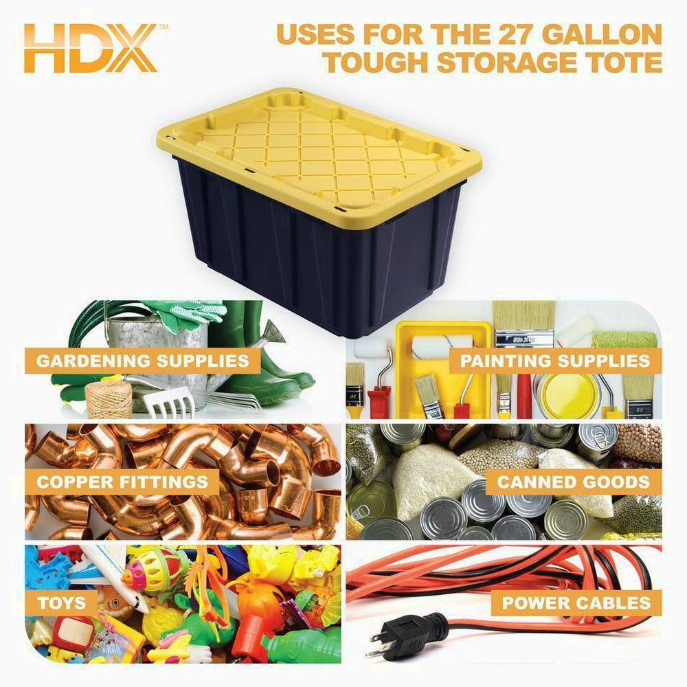 HDX 27-Gallon Black Stackable Waterproof Storage Tote With Yellow Lid - 5-Pack