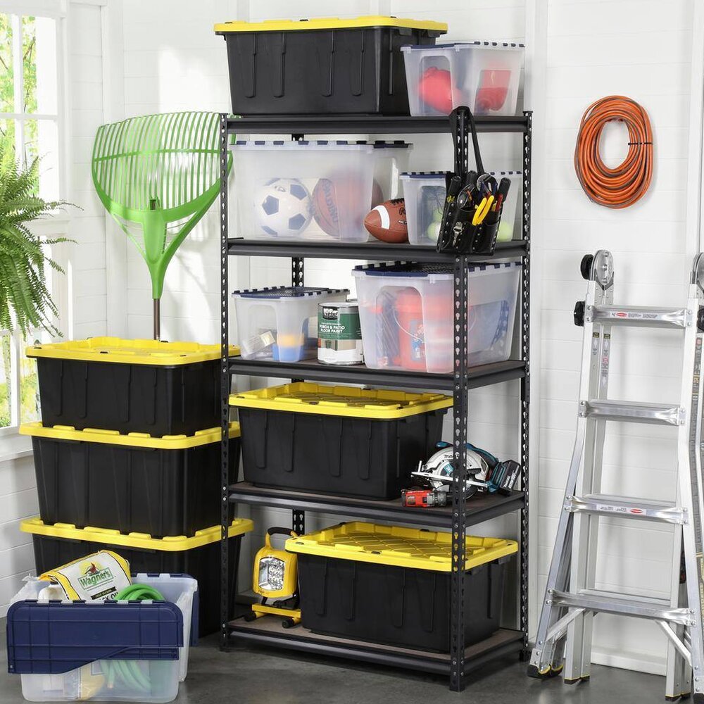 HDX 27-Gallon Black Stackable Waterproof Storage Tote With Yellow Lid - 5-Pack