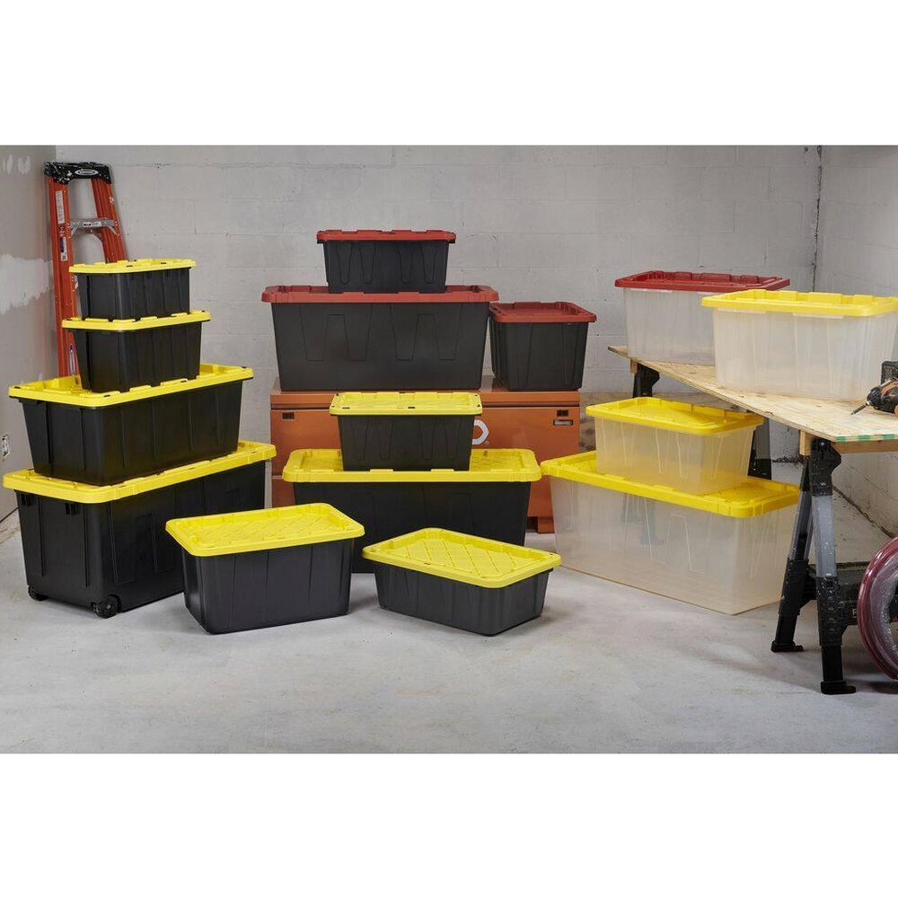 HDX 27-Gallon Black Stackable Waterproof Storage Tote With Yellow Lid - 5-Pack