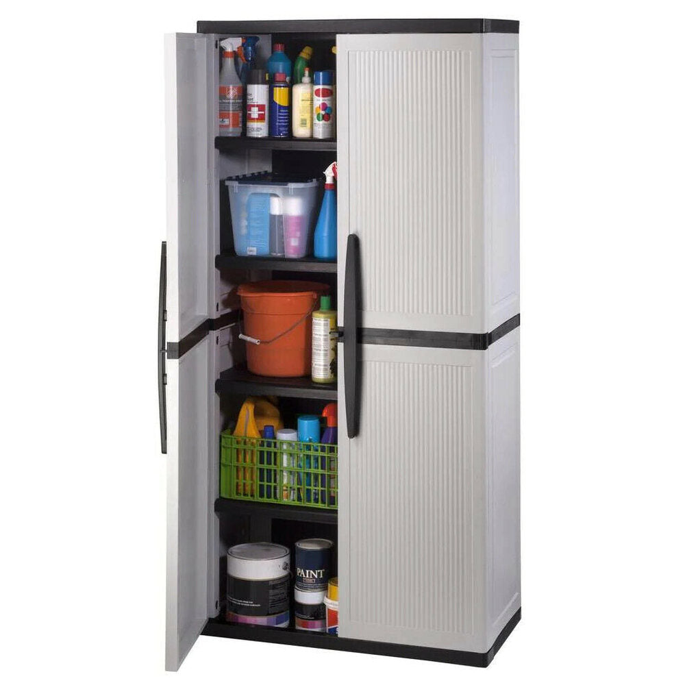 HDX Gray Plastic Freestanding Garage Cabinet With Adjustable Shelves And Lockable Doors, 35in W X 71in H X 18in D