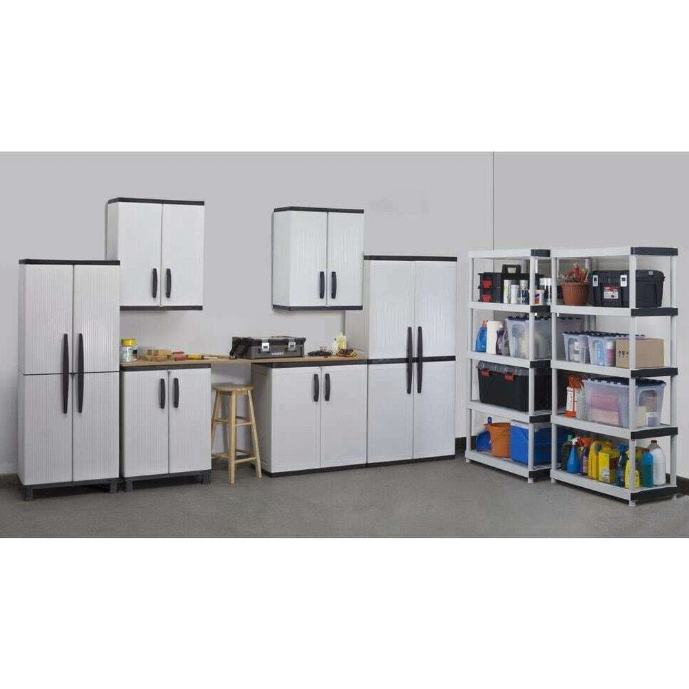 HDX Gray Plastic Freestanding Garage Cabinet With Adjustable Shelves And Lockable Doors, 35in W X 71in H X 18in D