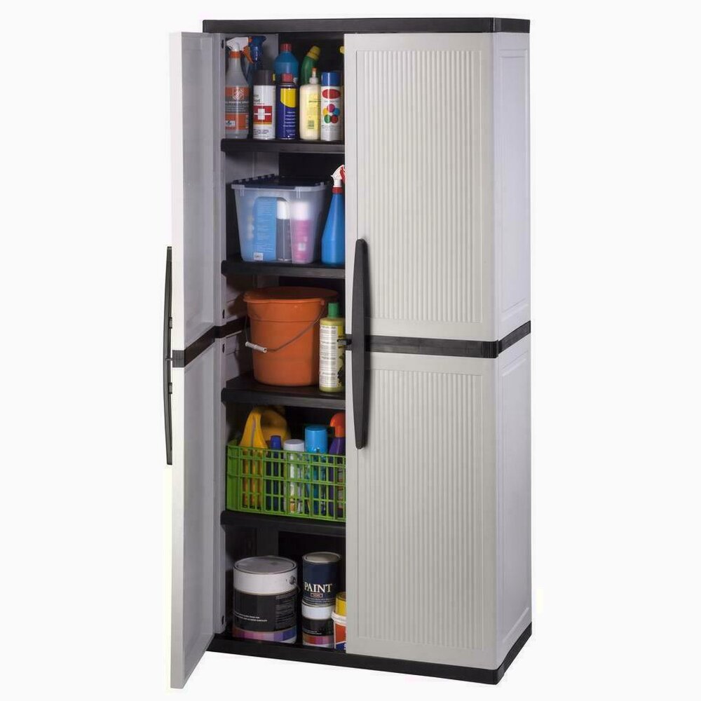 HDX Gray Plastic Freestanding Garage Cabinet With Adjustable Shelves And Lockable Doors, 35in W X 71in H X 18in D