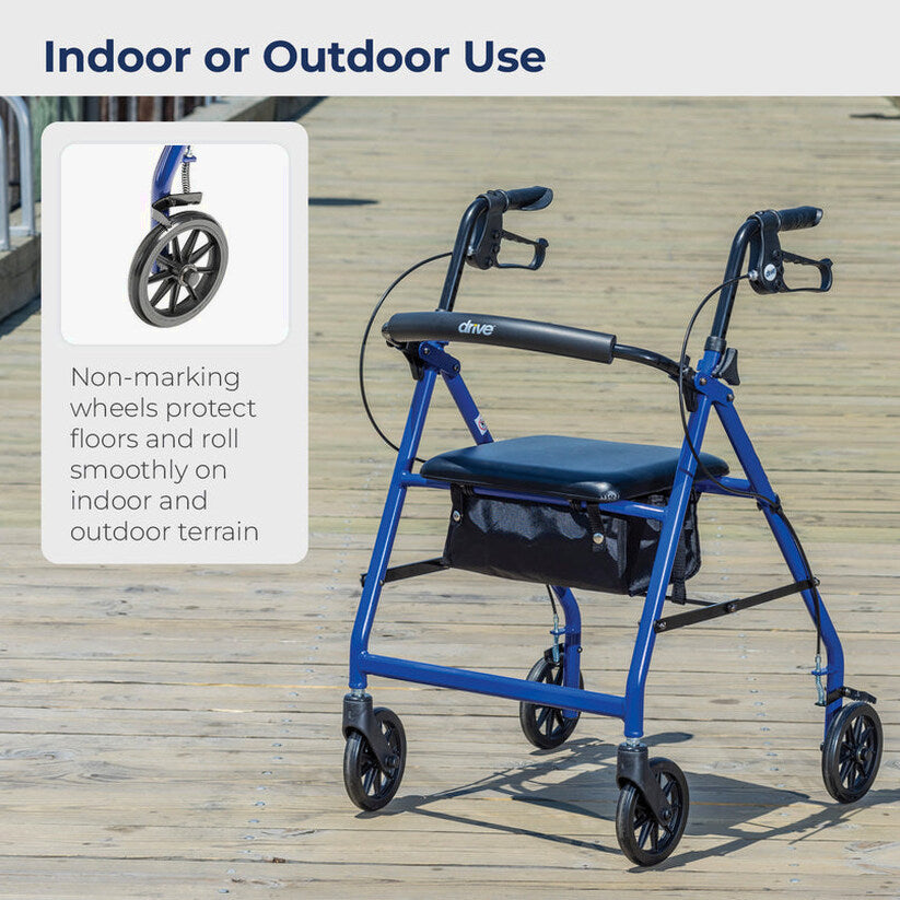 Drive Medical 4-Wheel Rollator Walker With Padded Seat, Backrest And 6-Inch Wheels - Blue