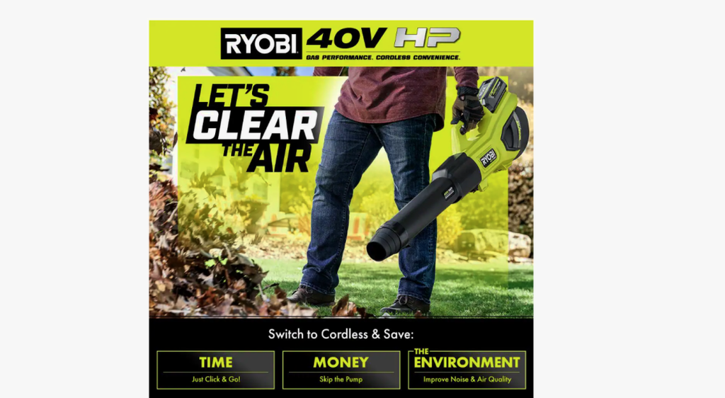 RYOBI 40V HP Brushless Cordless Leaf Blower, 730 CFM, 190 MPH, 2x 4.0 Ah Batteries And Charger