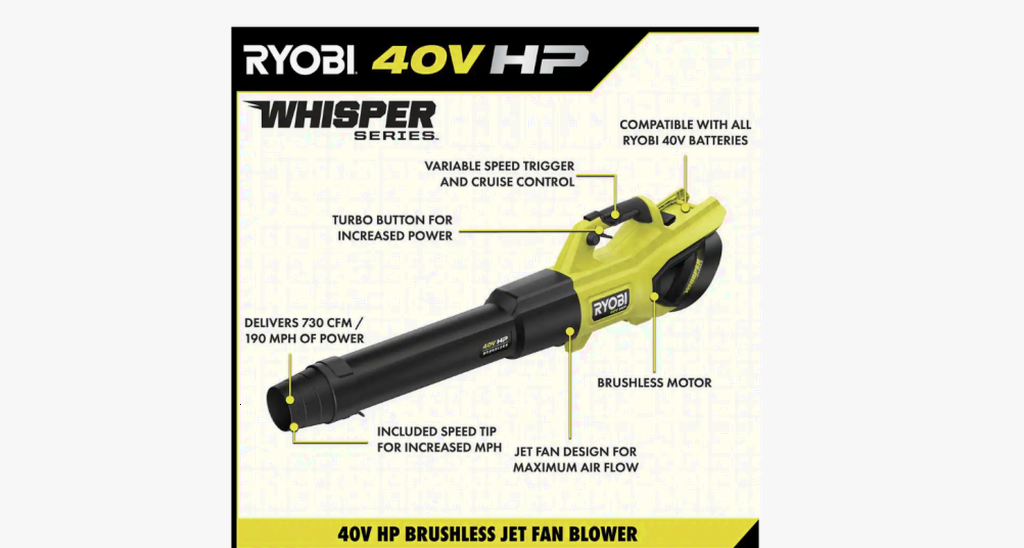 RYOBI 40V HP Brushless Cordless Leaf Blower, 730 CFM, 190 MPH, 2x 4.0 Ah Batteries And Charger