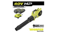 RYOBI 40V HP Brushless Cordless Leaf Blower, 730 CFM, 190 MPH, 2x 4.0 Ah Batteries And Charger