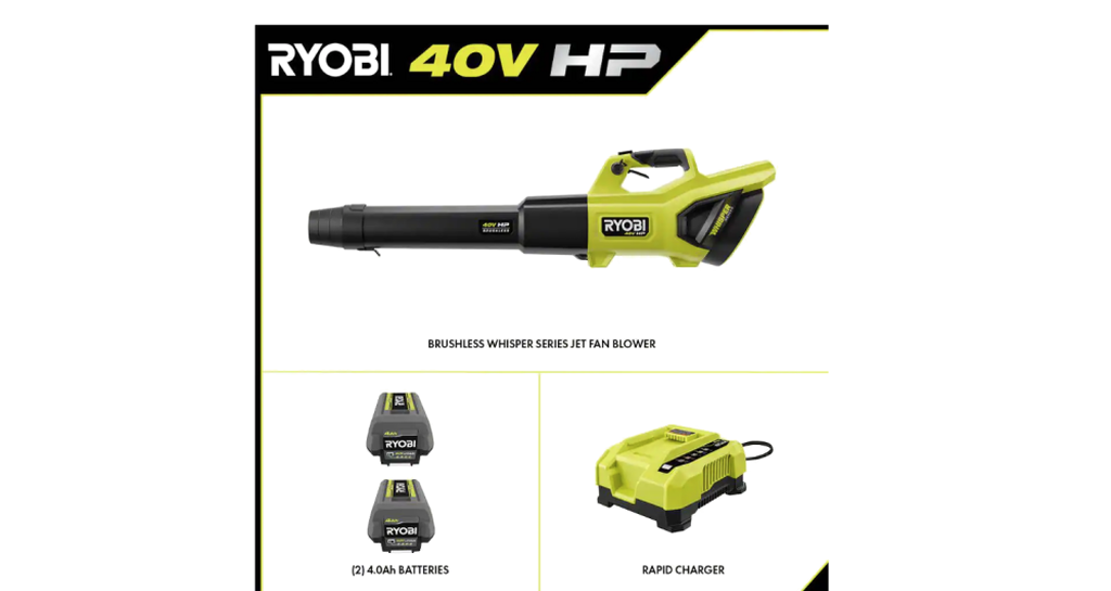 RYOBI 40V HP Brushless Cordless Leaf Blower, 730 CFM, 190 MPH, 2x 4.0 Ah Batteries And Charger