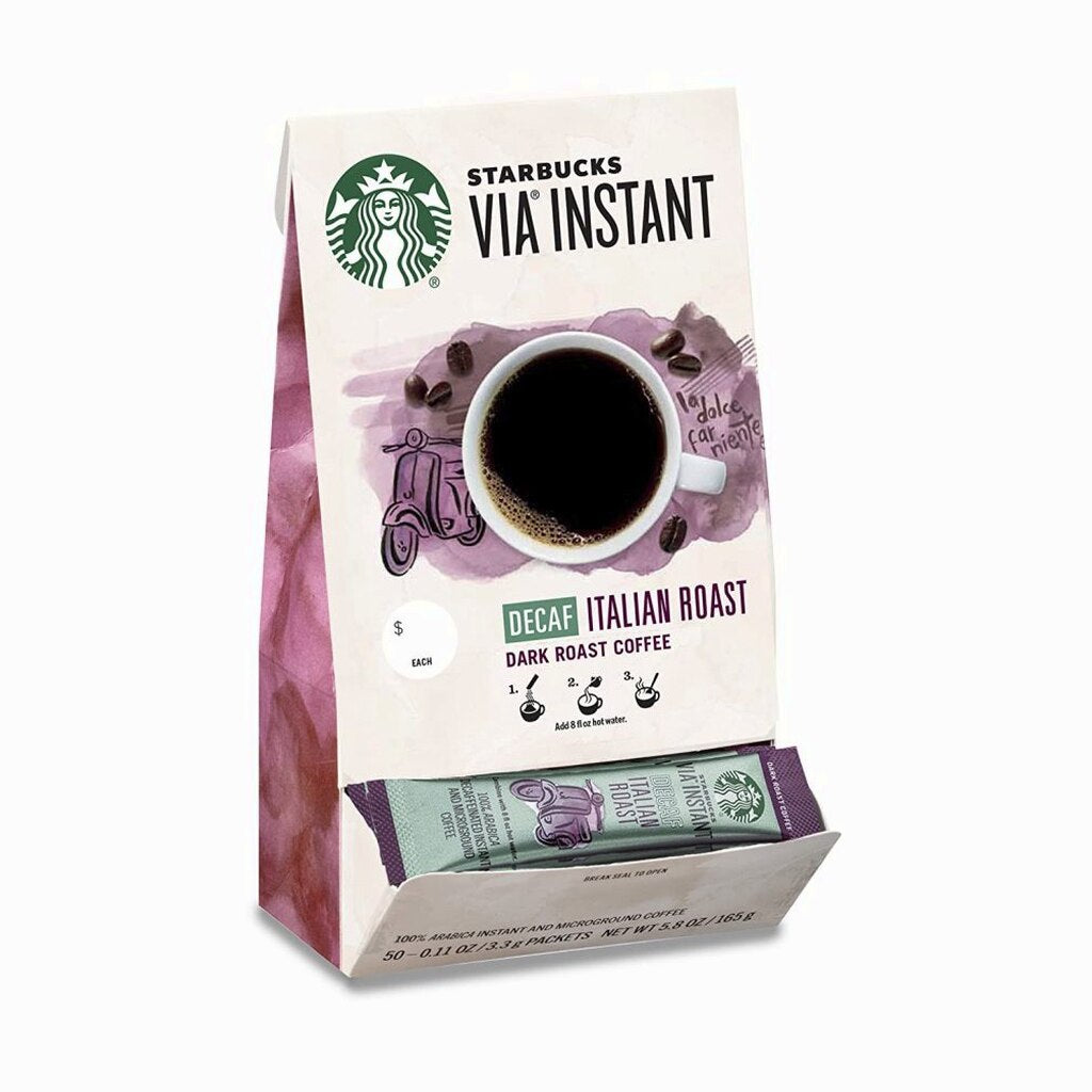 Starbucks VIA Instant Decaf Italian Roast Coffee Dark Roast 100% Arabica 50 Packets