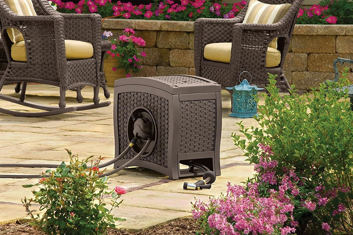 Suncast Aquawinder 125 ft Wicker Garden Hose Reel, Java