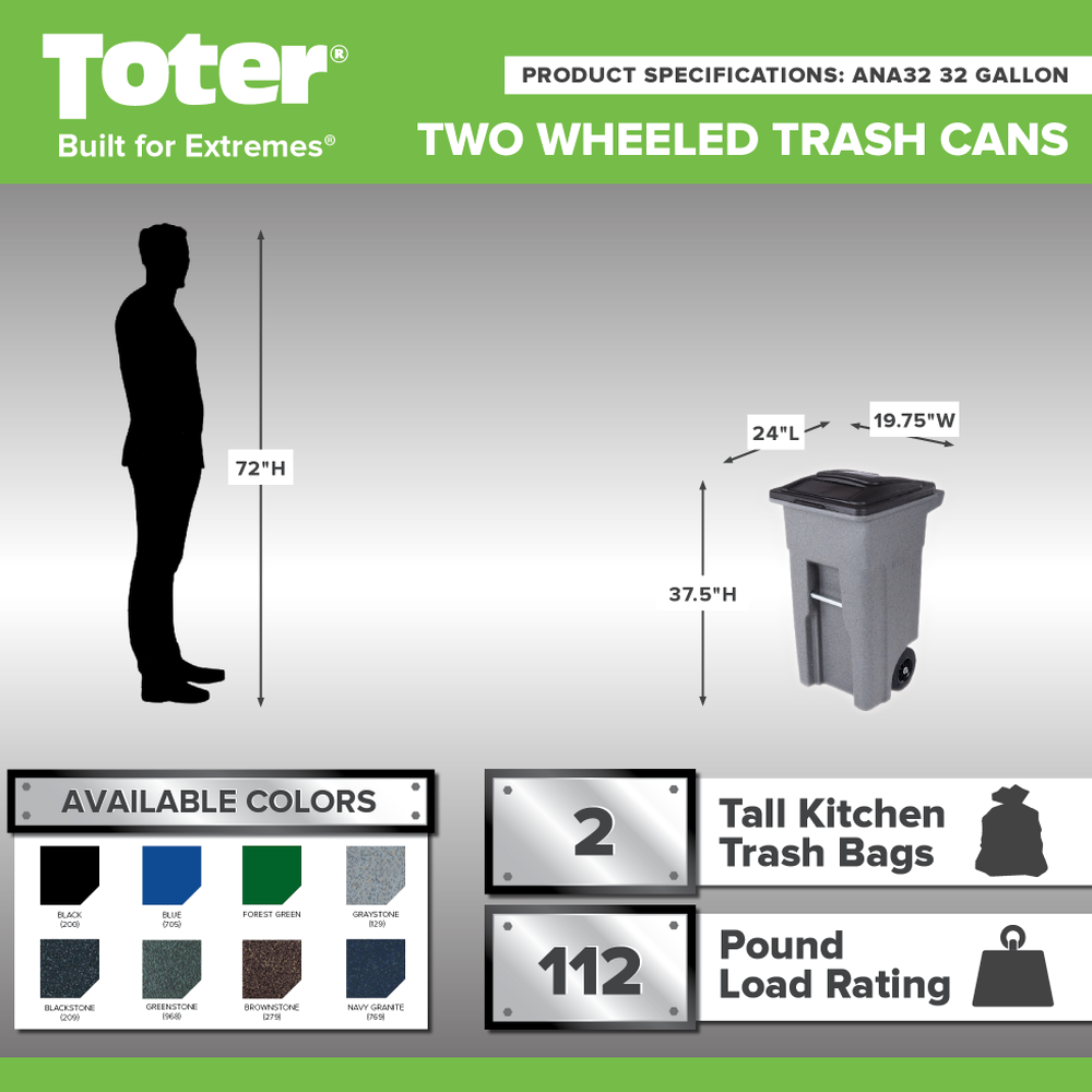 Toter 32 Gallon Greenstone Trash Can With Quiet Wheels And Attached Lid, 24.25 in D x 19.75 in W x 37.5 in H - ANA32-55410