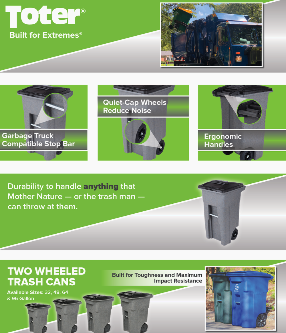 Toter 32 Gallon Greenstone Trash Can With Quiet Wheels And Attached Lid, 24.25 in D x 19.75 in W x 37.5 in H - ANA32-55410