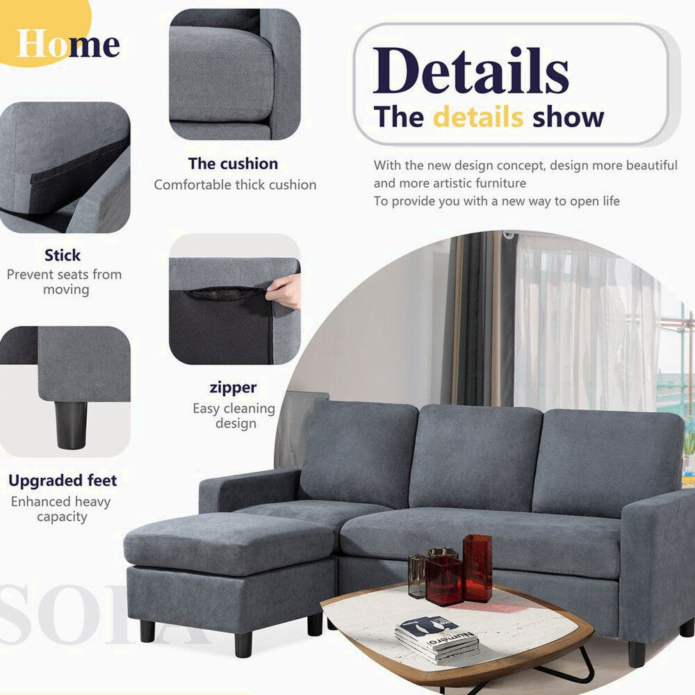 Walsunny Convertible L-Shaped Linen Sectional Sofa With Reversible Ottoman - 78.7in x 51in x 33in