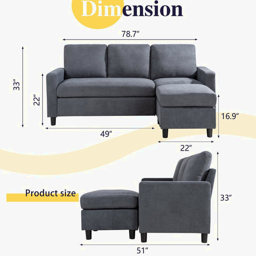 Walsunny Convertible L-Shaped Linen Sectional Sofa With Reversible Ottoman - 78.7in x 51in x 33in