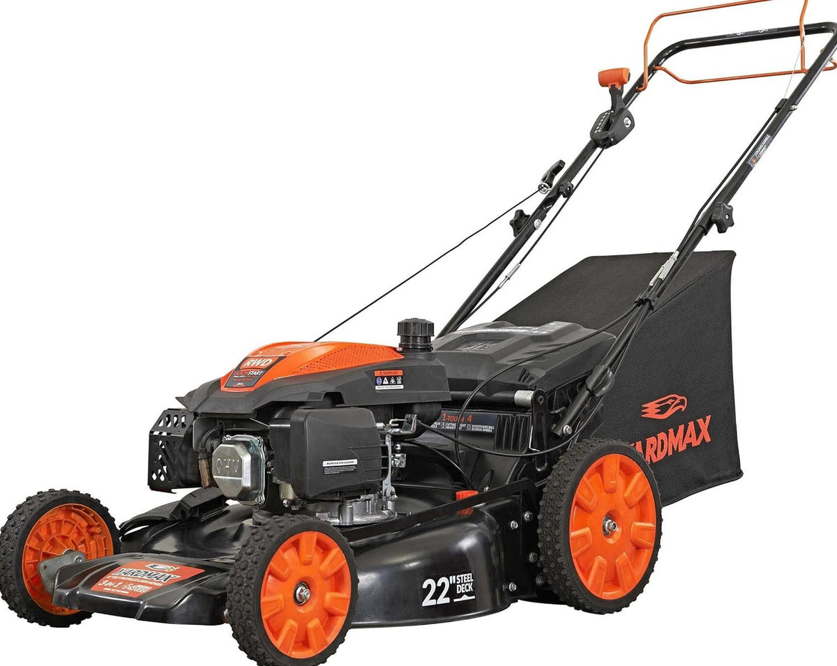 YARDMAX 22 inch Gas Self-Propelled Lawn Mower, 201cc, 6-Speed CVT, High Wheel RWD, 3-in-1, Black